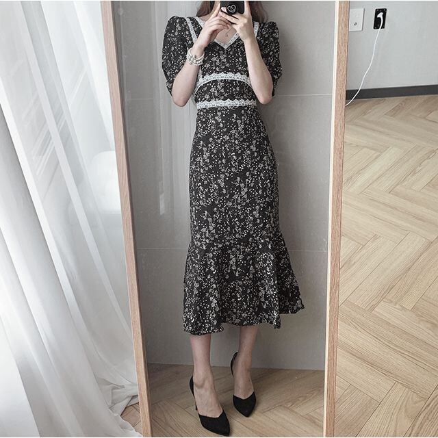 【dress】気質満点レーススウィートVネックパフスリーブプリントマーメイドワンピース