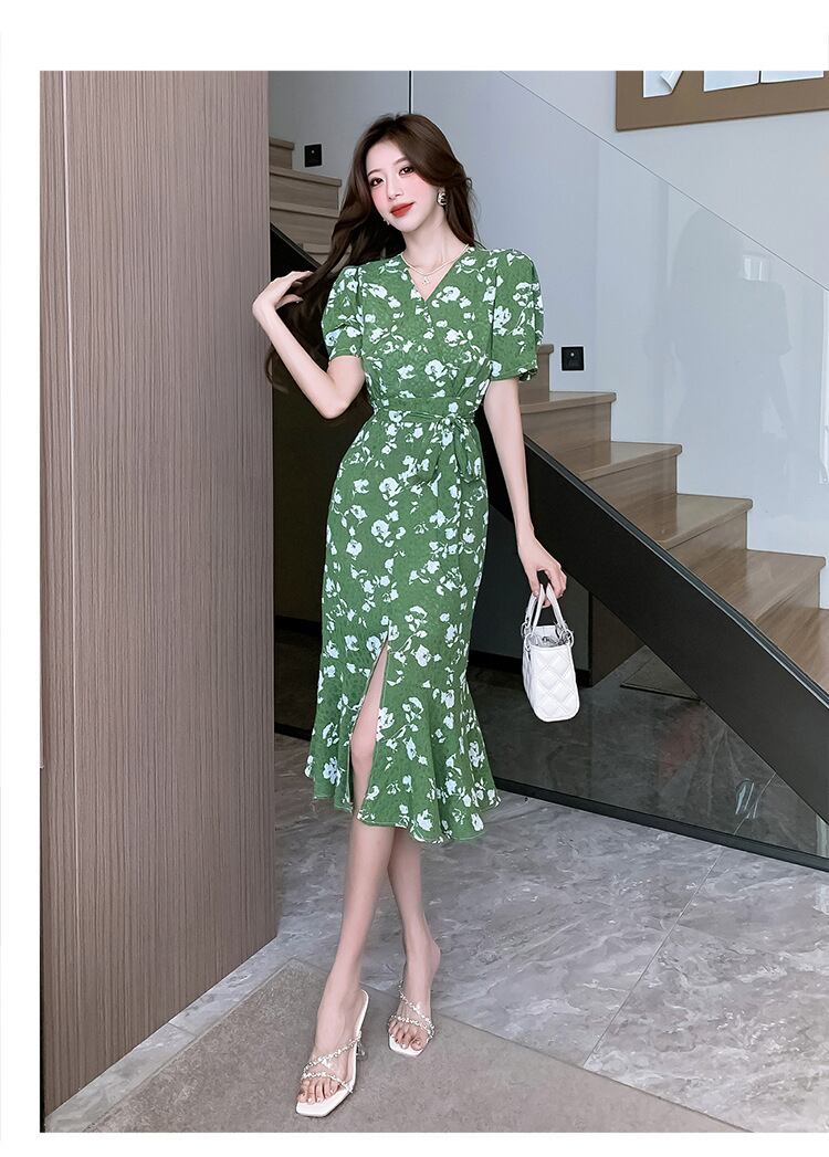 【dress】Vネック花柄マーメイドワンピース G20438