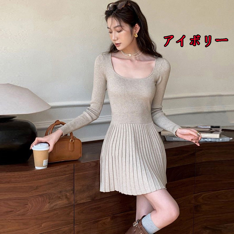 【dress】ラウンドネック長袖ニットワンピースF8373