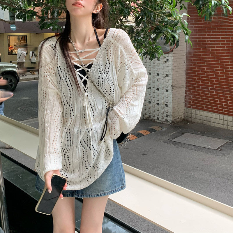 【tops】2色長袖透かし彫りニットセーターF8052