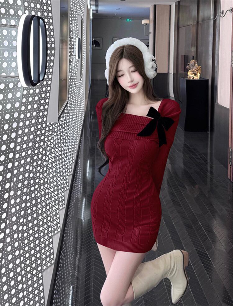 【dress】リボン付きスクエアネックニットワンピース Q7461