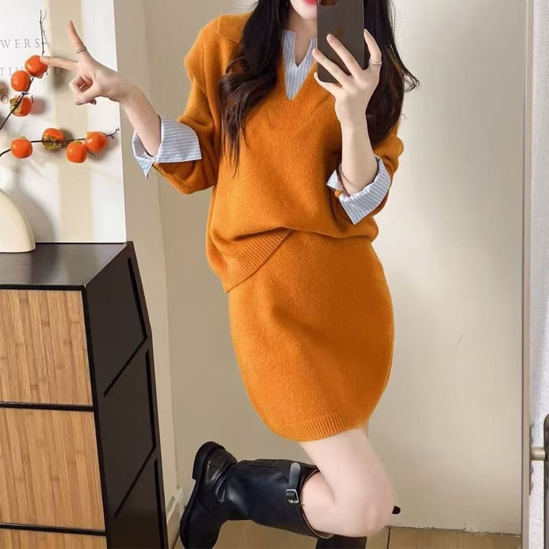 【set】フェイクレイヤードニットトップス×ストレートスカートセット Q7661
