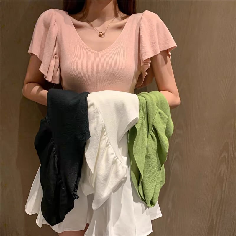 【tops】4色フレアスリーブニットTシャツF7516