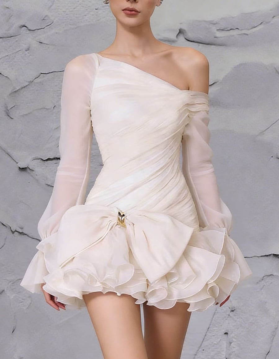 【dress】リボン付きギャザーフリルシフォンミニワンピース Q8400