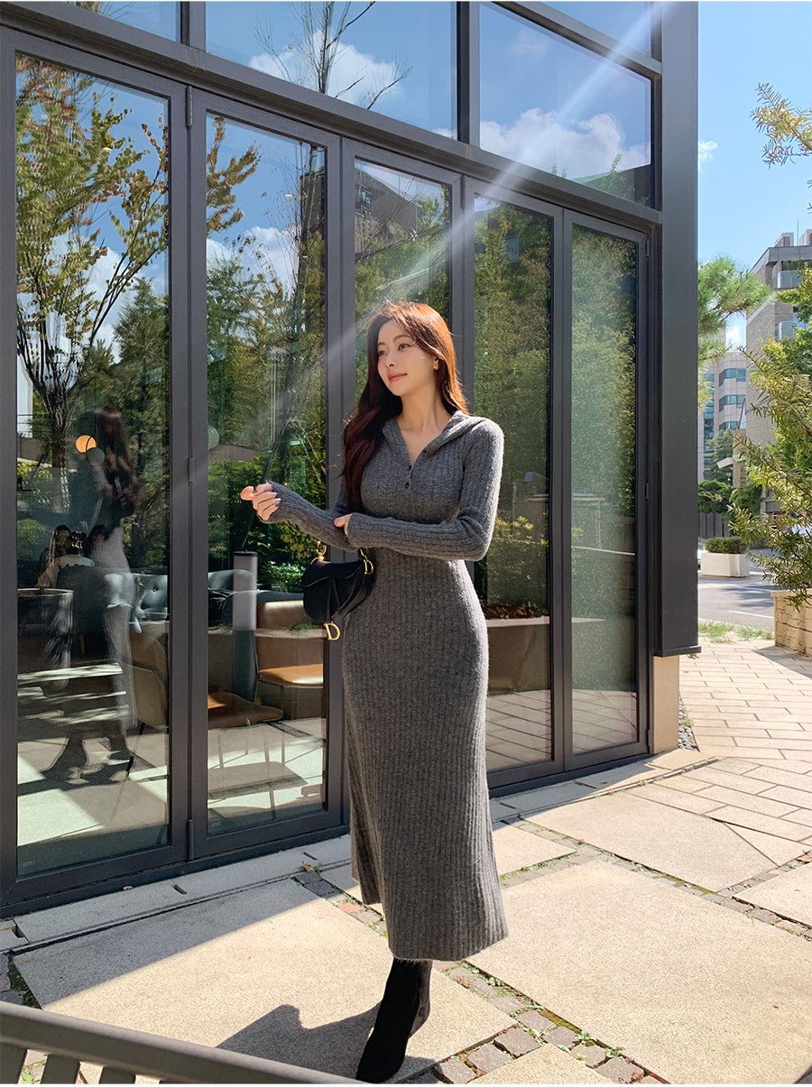 【dress】フード付き長袖ニットワンピースG24200