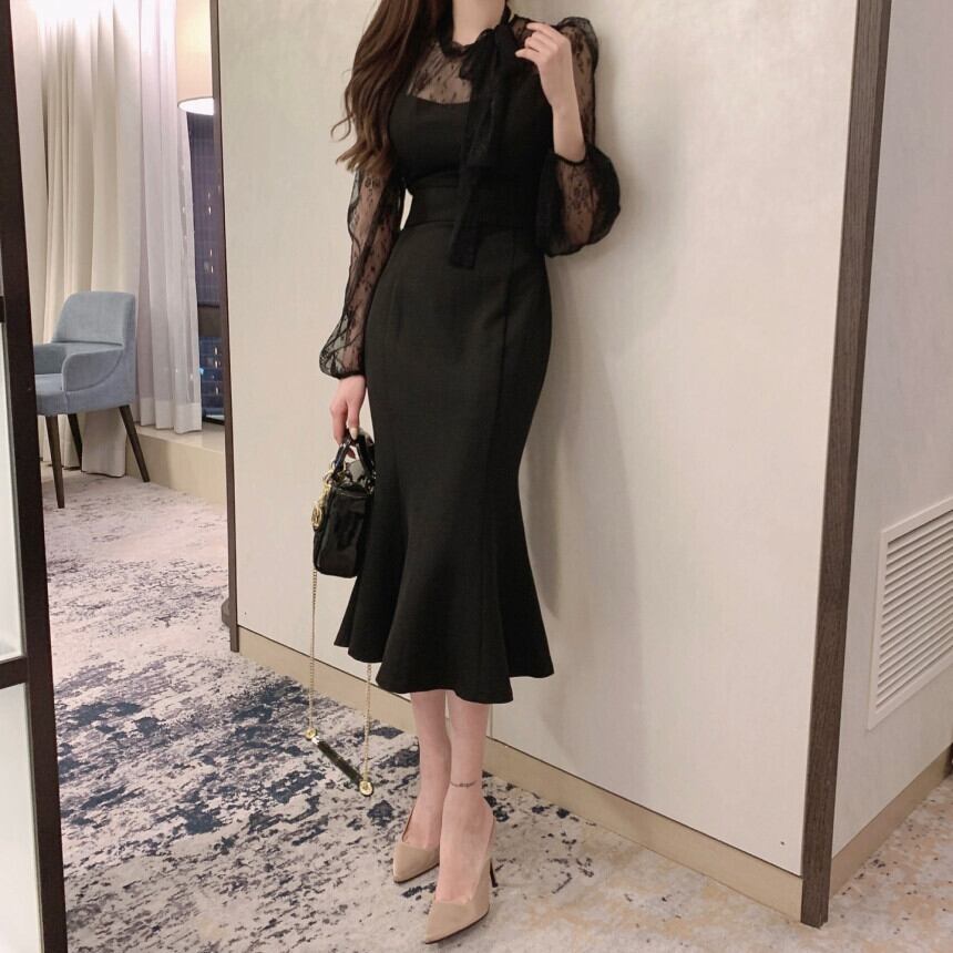 【dress】レース切替マーメイドワンピースF7039