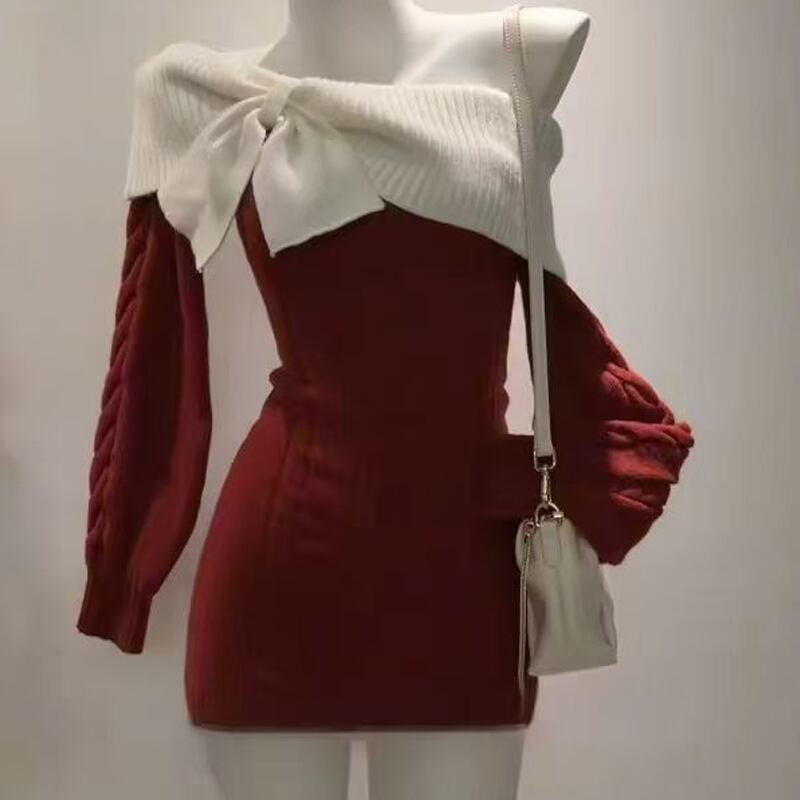 【dress】リボン付きオフショルダーニットワンピース Q7769
