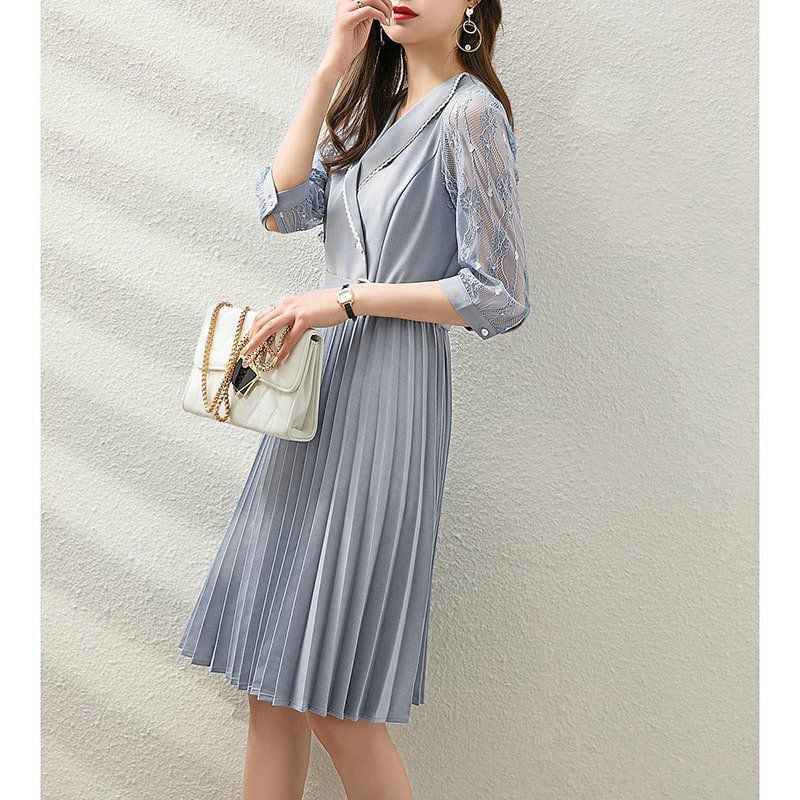 【dress】話題沸騰中セレブラペル五分袖メッシュ切り替え韓国ファッションウェスト絞りプリーツワンピースF2058