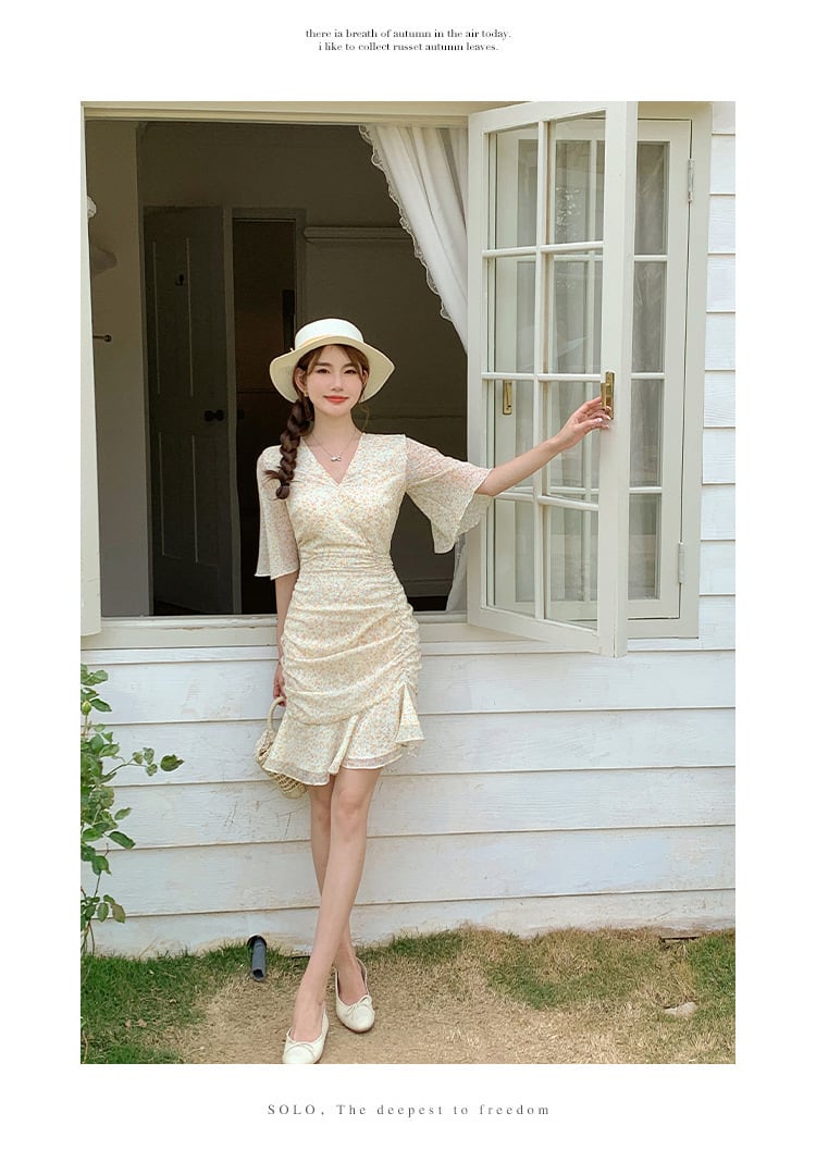 【dress】Vネック花柄マーメイドワンピース G21270