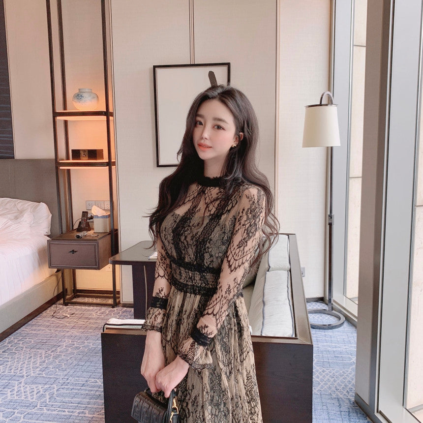 【dress】スタンドネック長袖レースワンピースG21725