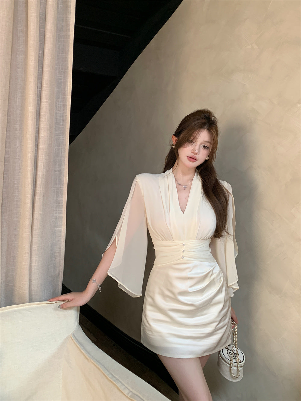 【dress】VネックシフォンデートワンピースG22282