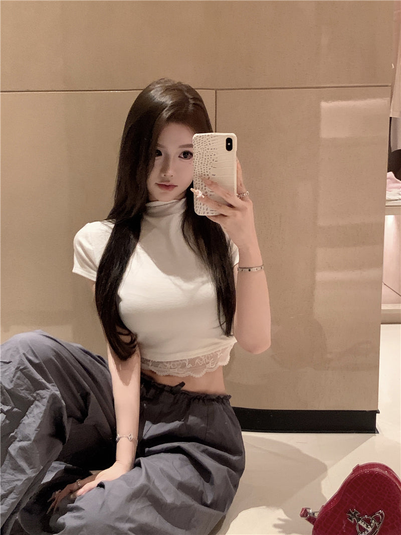 【tops】レースハーフネックTシャツG22374