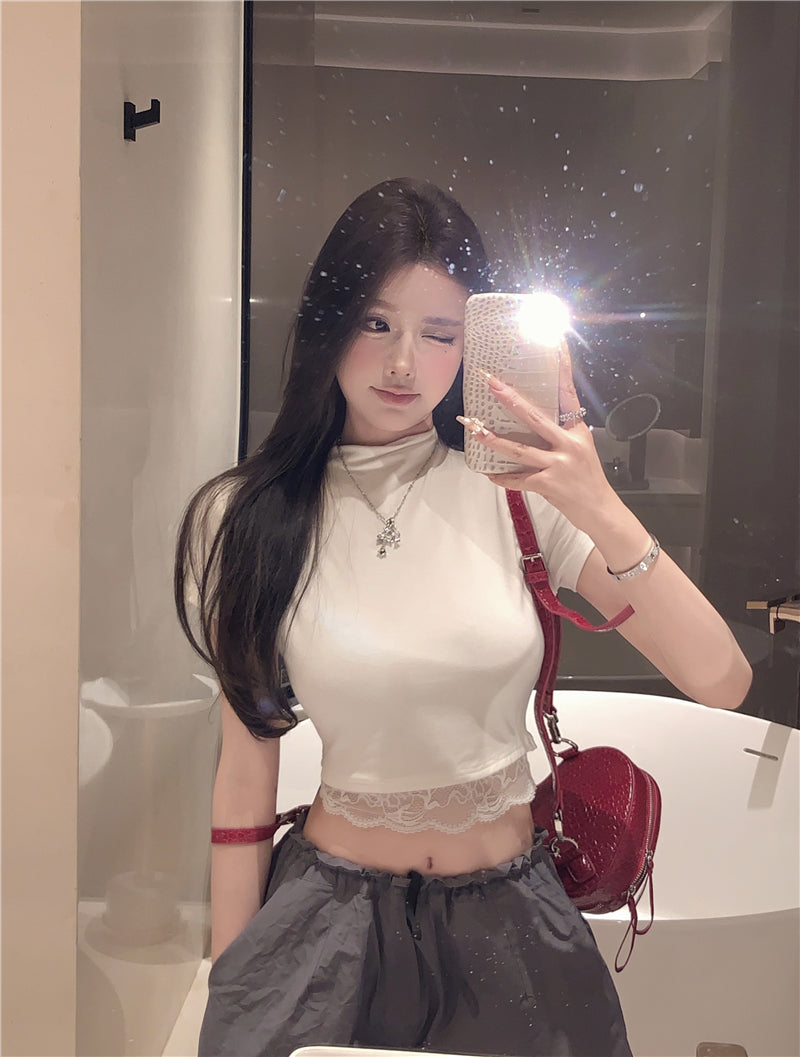【tops】レースハーフネックTシャツG22374