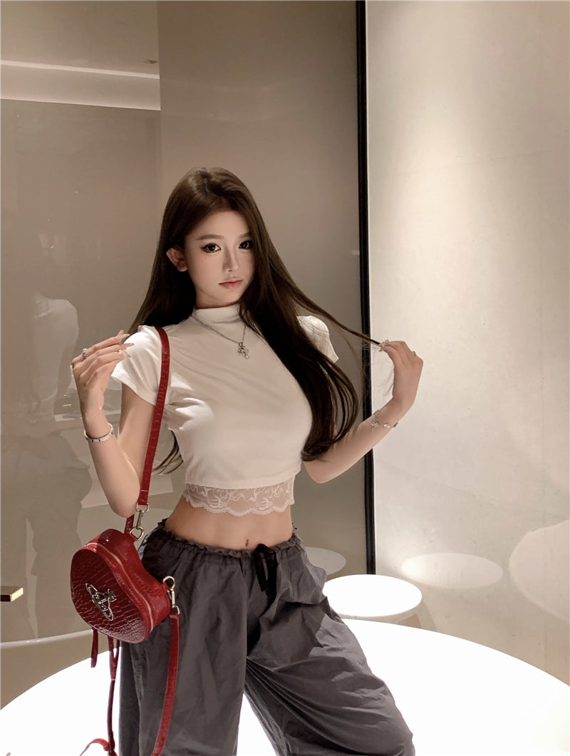 【tops】レースハーフネックTシャツG22374