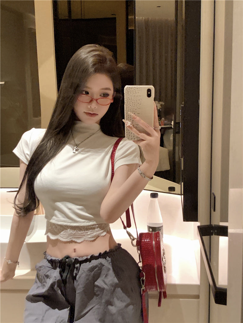 【tops】レースハーフネックTシャツG22374