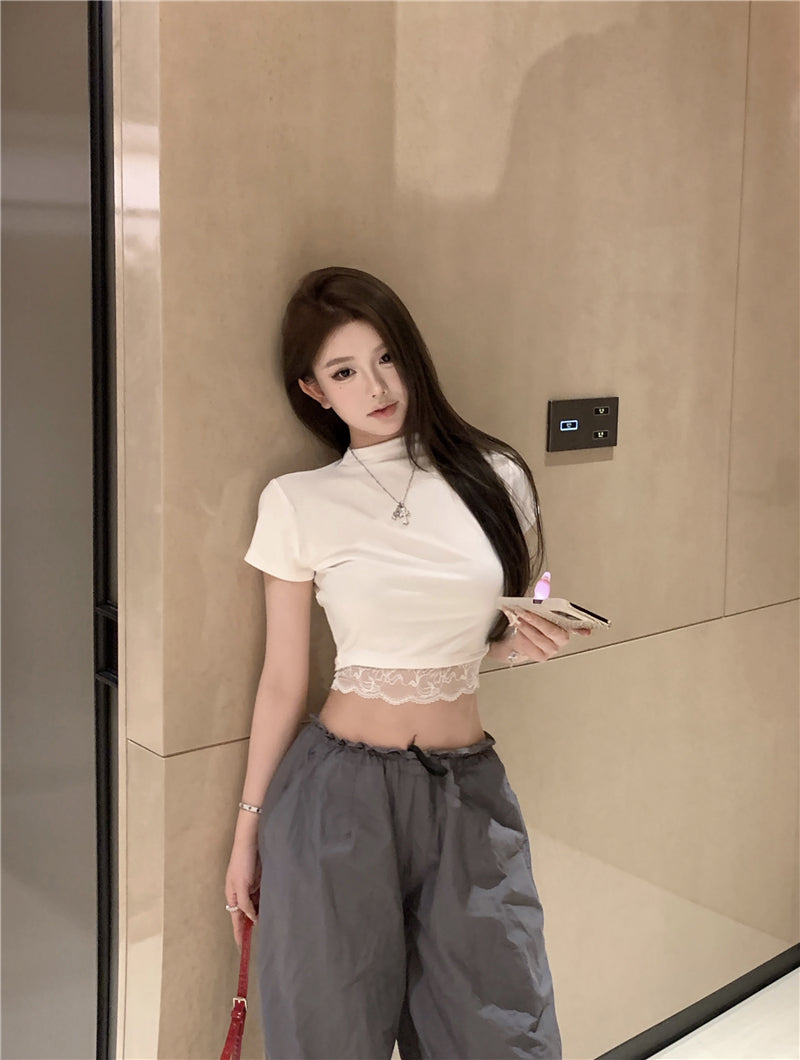 【tops】レースハーフネックTシャツG22374