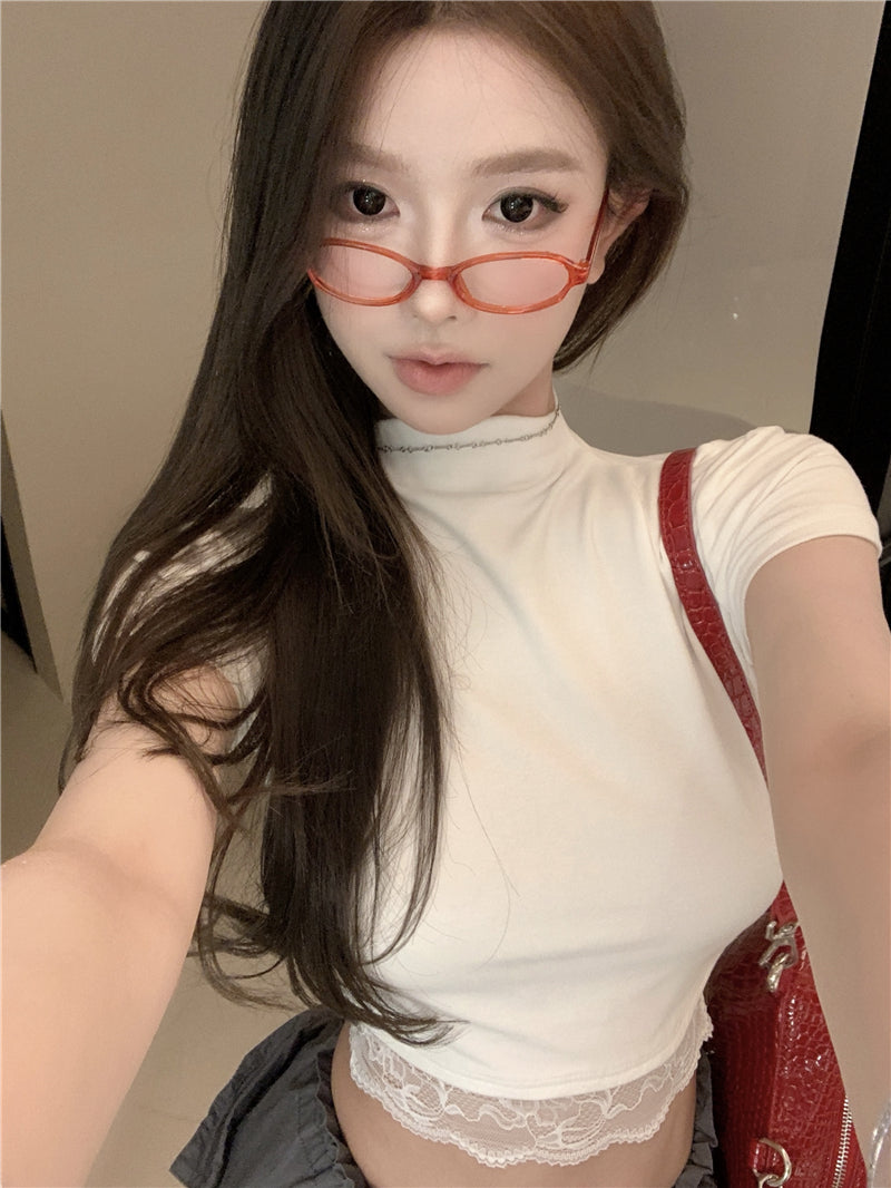 【tops】レースハーフネックTシャツG22374