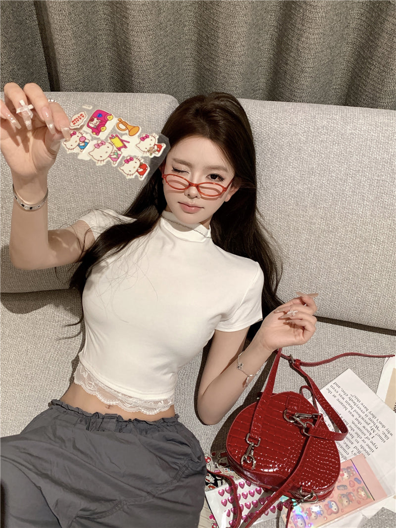 【tops】レースハーフネックTシャツG22374
