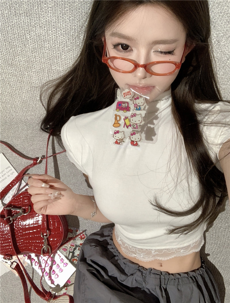 【tops】レースハーフネックTシャツG22374