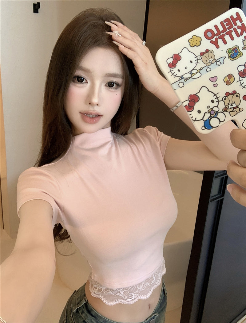 【tops】レースハーフネックTシャツG22374