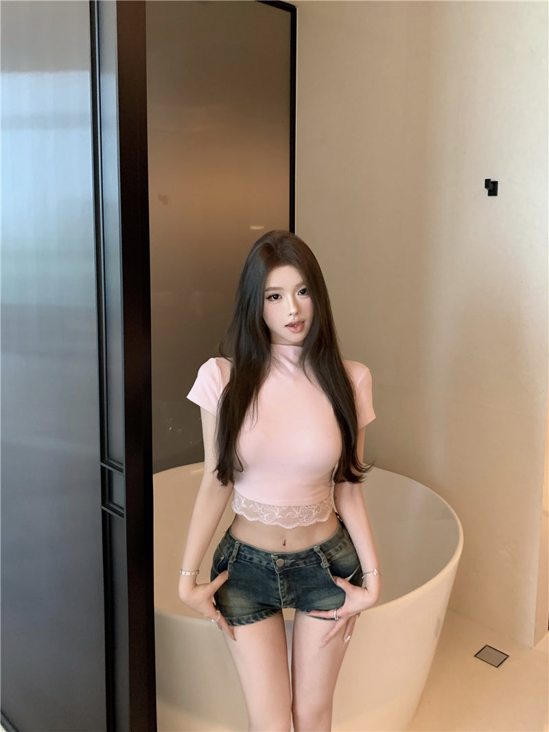 【tops】レースハーフネックTシャツG22374