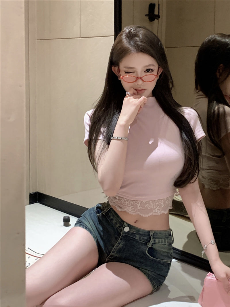 【tops】レースハーフネックTシャツG22374