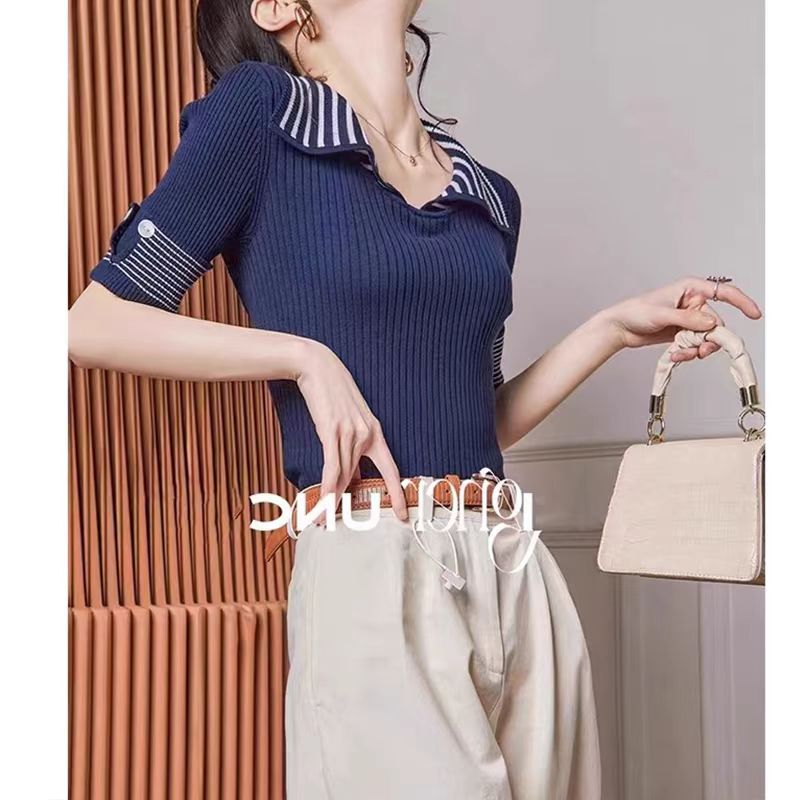 【tops】POLOネック薄手ニットTシャツG22424