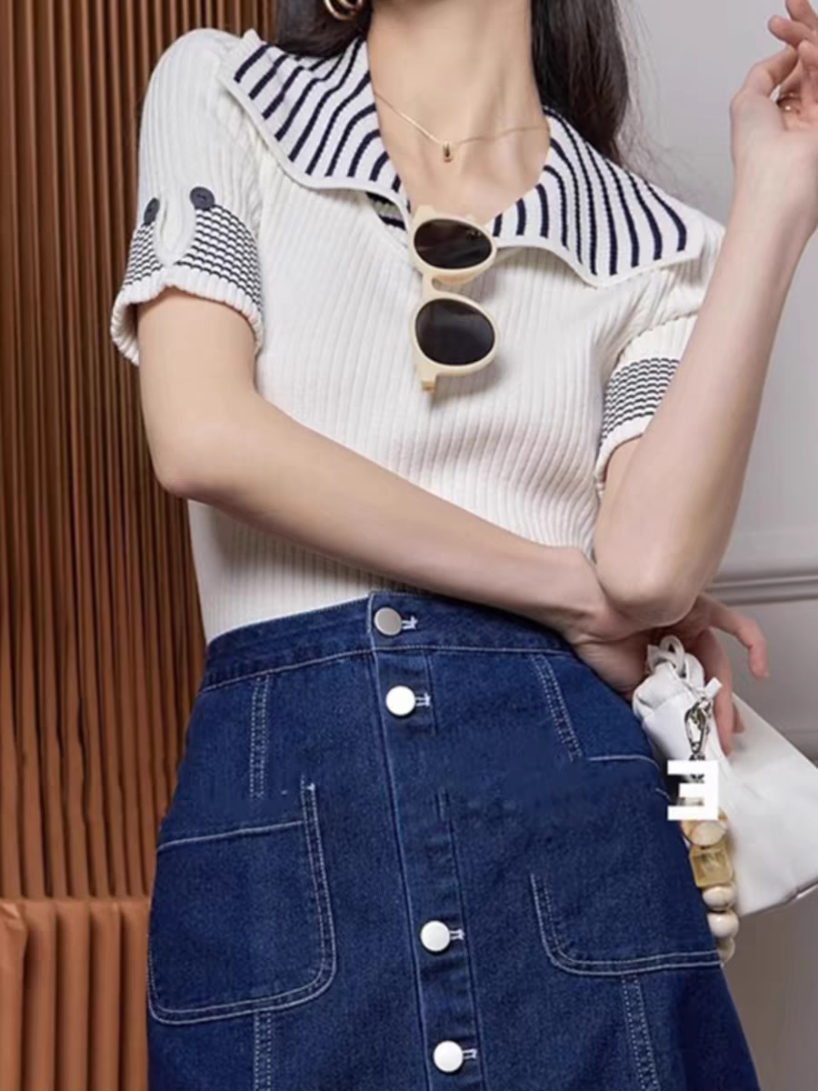 【tops】POLOネック薄手ニットTシャツG22424