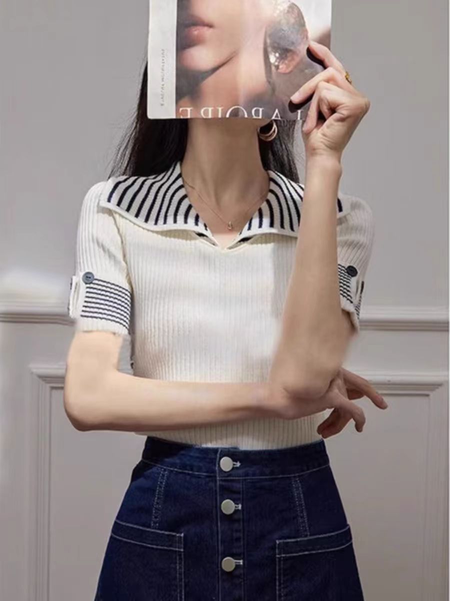 【tops】POLOネック薄手ニットTシャツG22424
