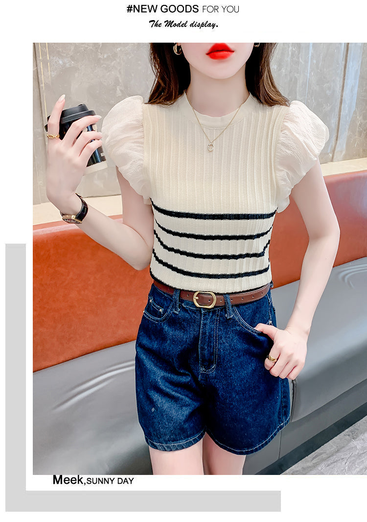 【tops】ストライプ柄ニットTシャツG22445