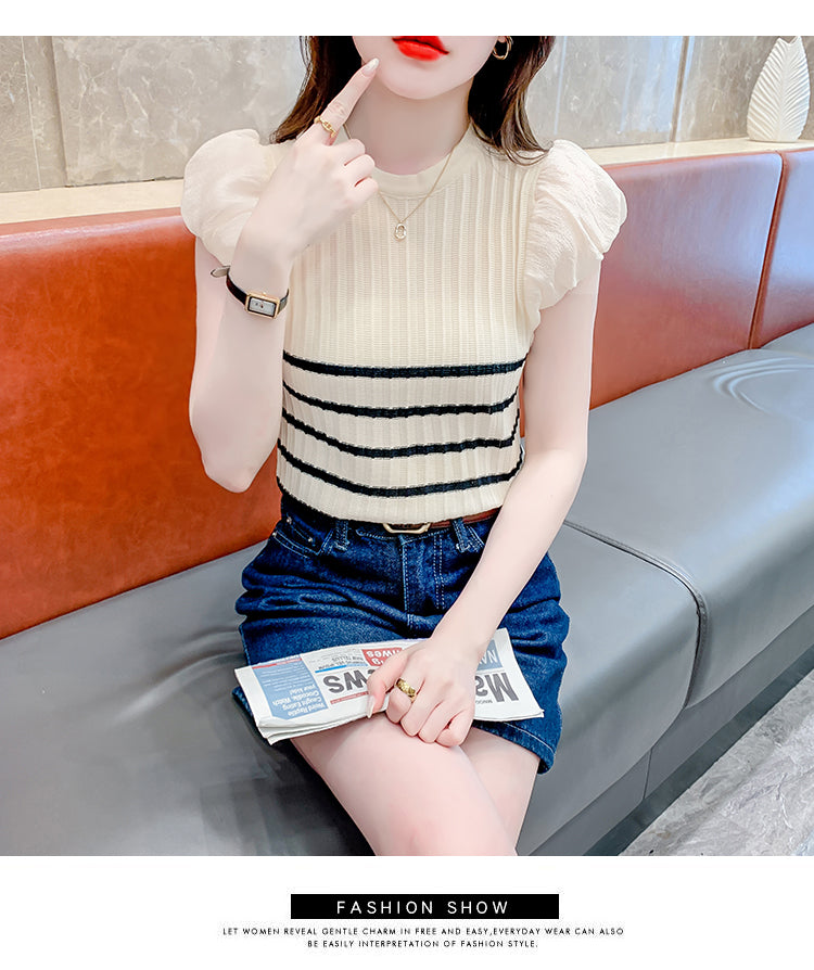 【tops】ストライプ柄ニットTシャツG22445