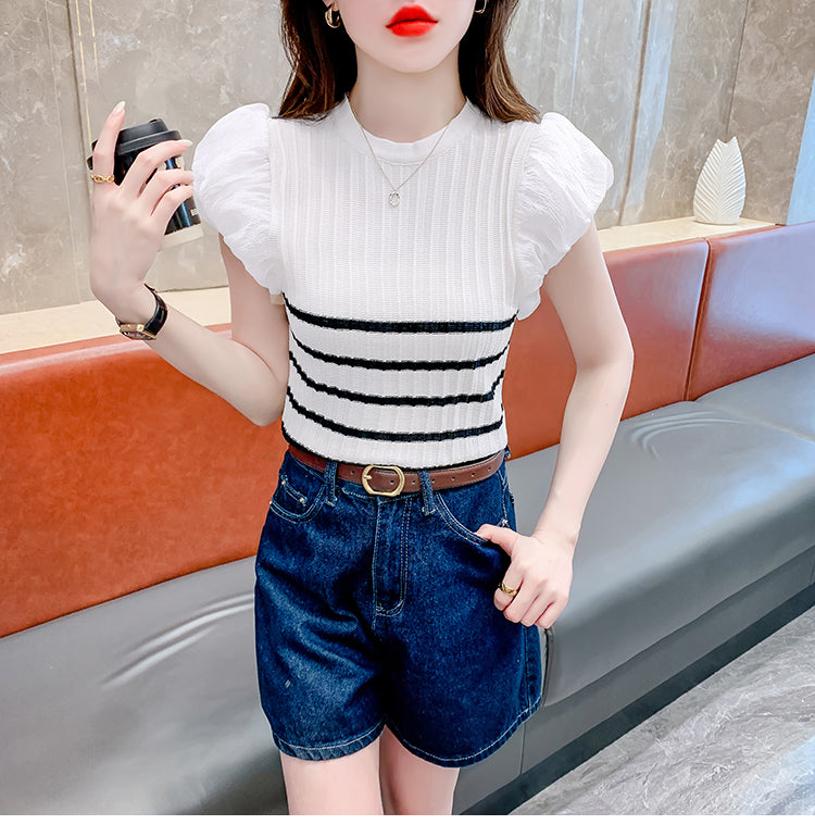 【tops】ストライプ柄ニットTシャツG22445