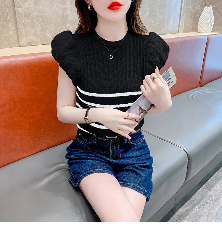 【tops】ストライプ柄ニットTシャツG22445
