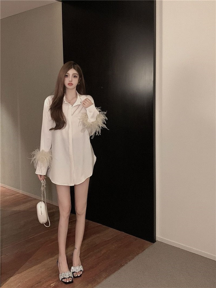 【tops】デザイン無地長袖ブラウスG22538