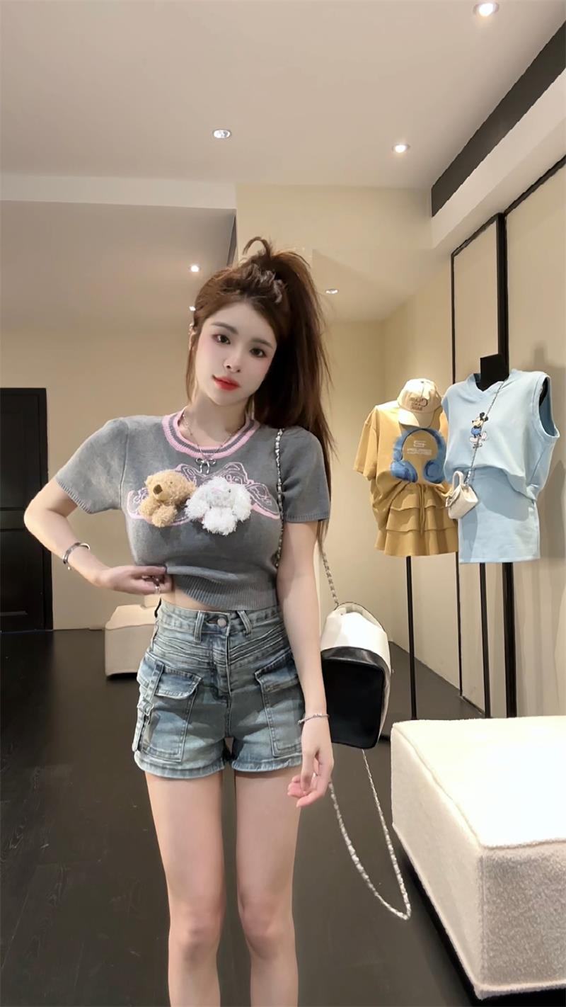 【tops】熊飾りニットTシャツG22704