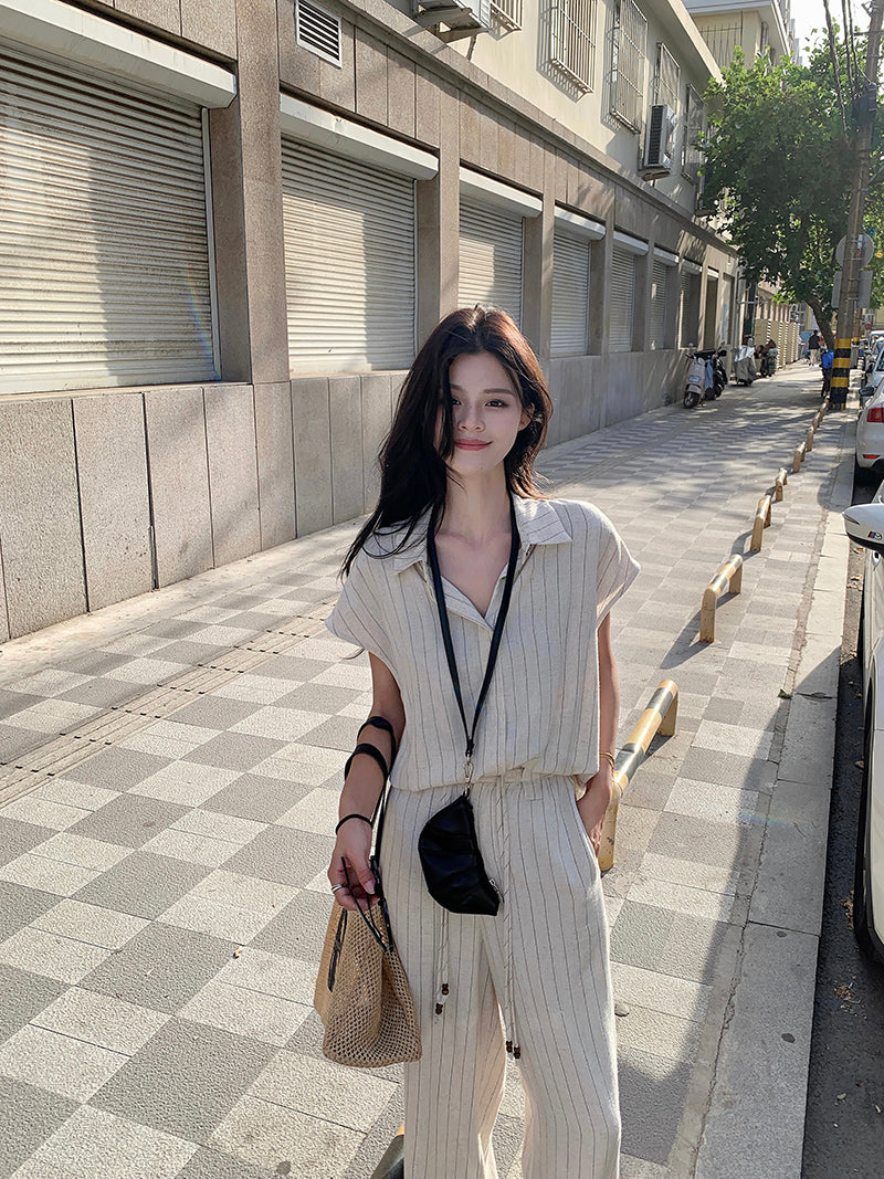 【set】ストライプ柄ブラウス+ガウチョパンツ2点セットG22780