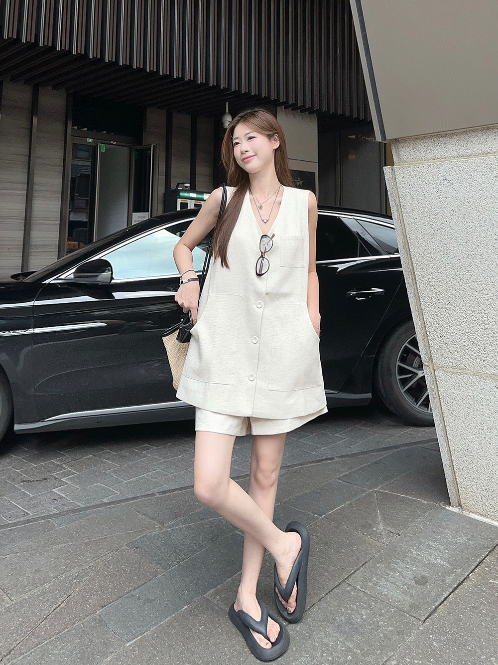 【set】Vネックスーツチョッキ+ショートパンツ2点セットG22782