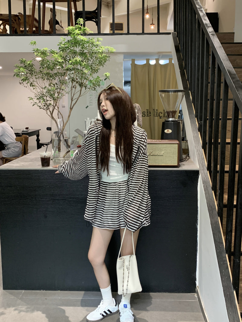 【set】ストライプ柄アウター+ショートパンツ2点セットG22789