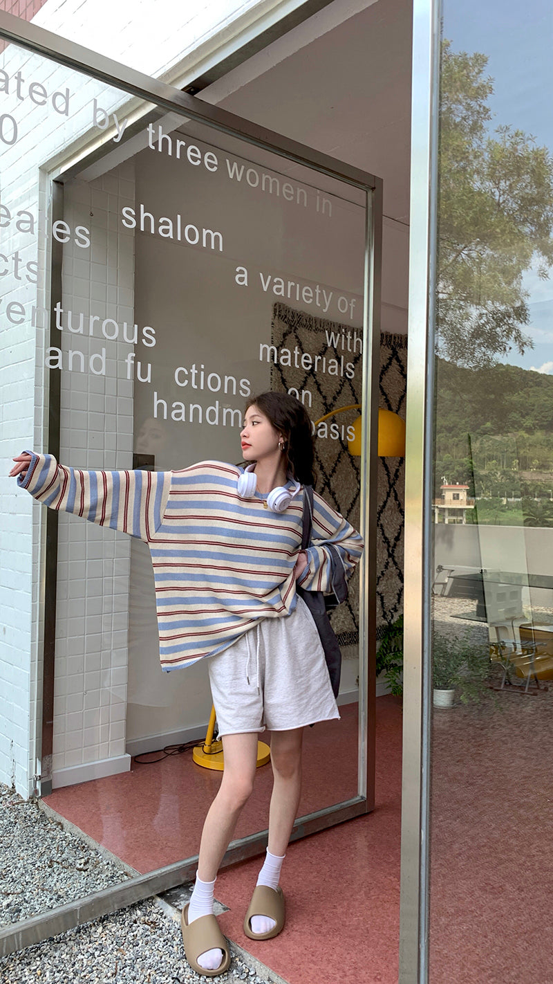 【tops】ストライプ柄長袖ニットトップスG22909