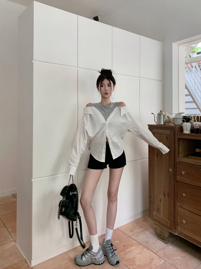 【tops】オープンショルダー偽二つ切り替えブラウスG22920