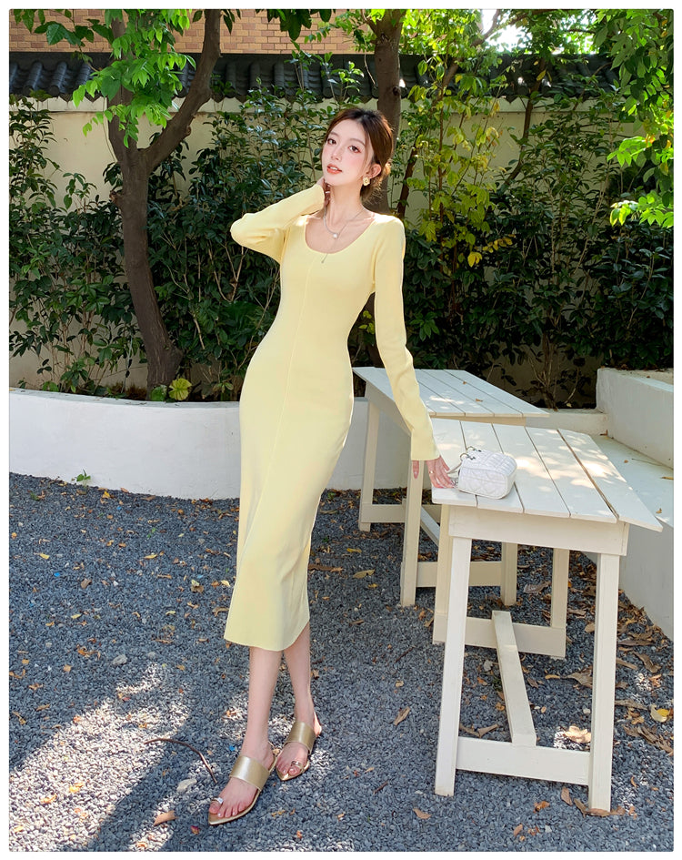 【dress】Uネックニット長袖ワンピースG22943