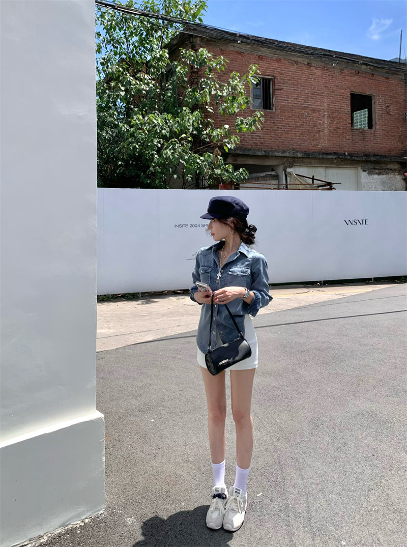 【tops】デニム折り襟長袖ブラウスG22950