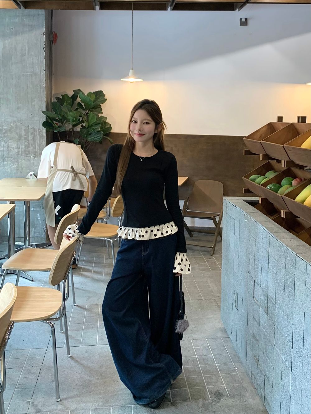 【tops】フリル切り替え長袖TシャツG22951