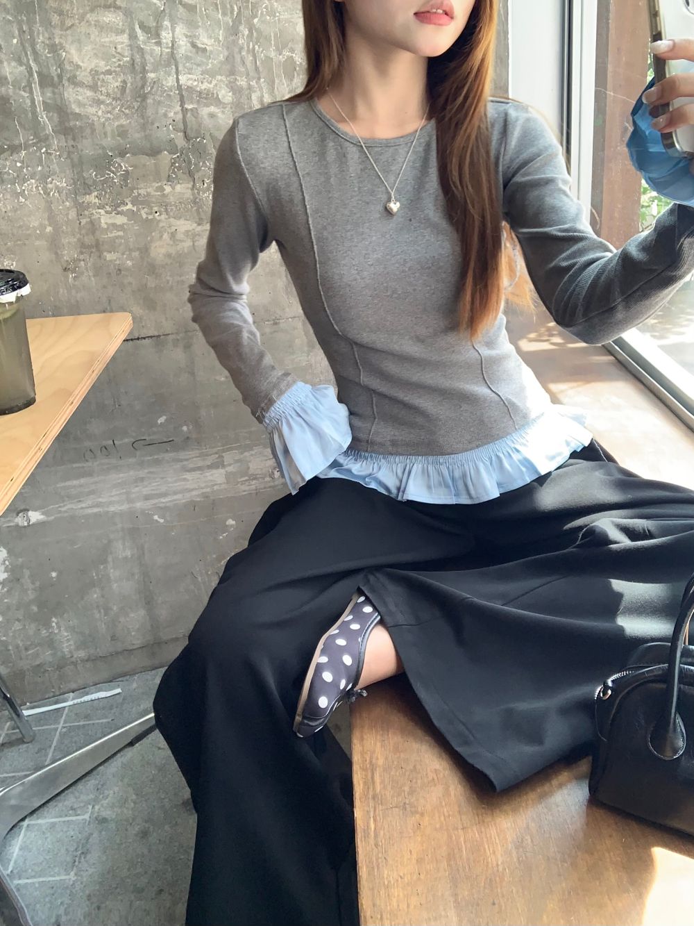 【tops】フリル切り替え長袖TシャツG22951