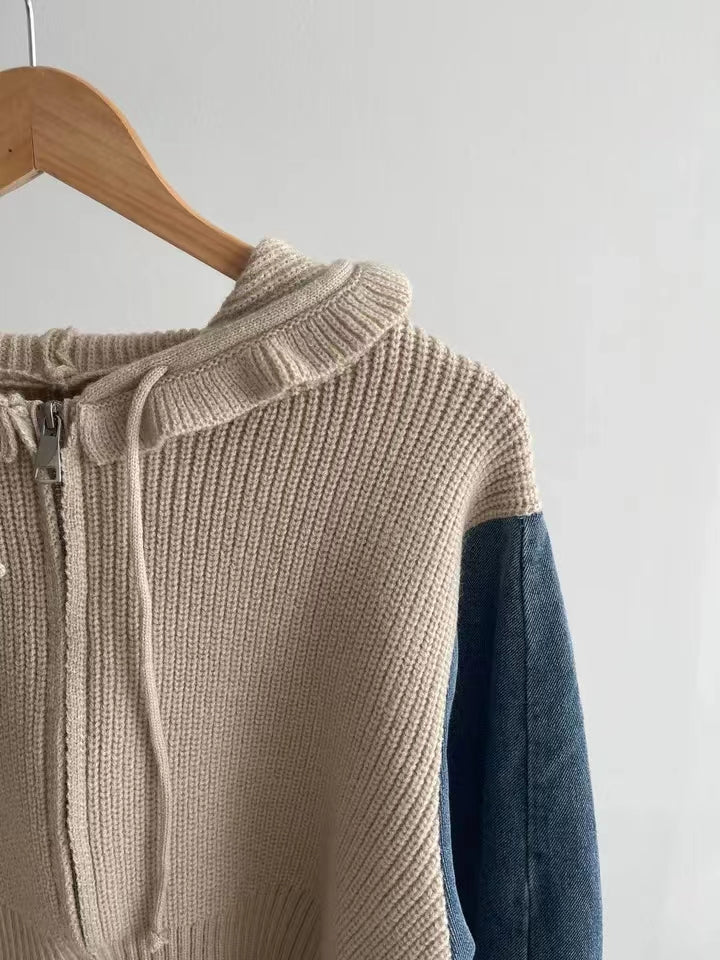 【outer】フード付きニット切り替えデニムアウターG23002