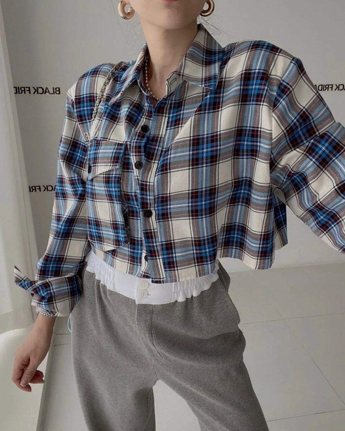 【tops】折り襟英字柄長袖シャツG23011