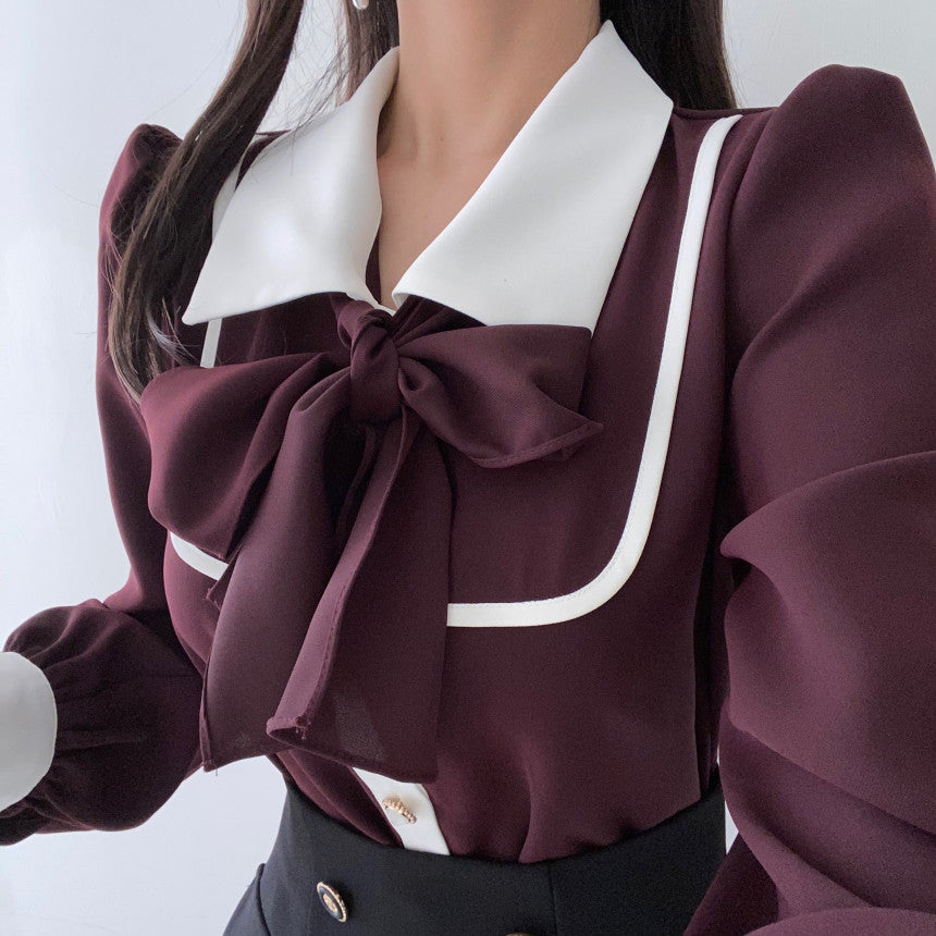 【tops】折り襟リボン長袖シャツG23035