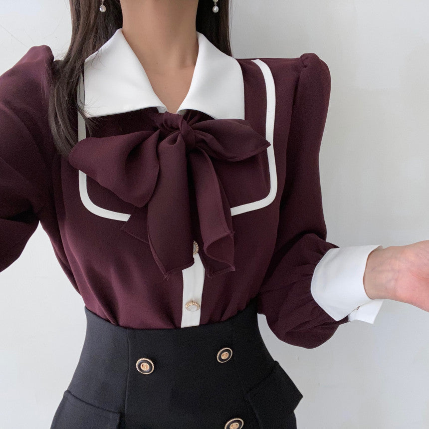 【tops】折り襟リボン長袖シャツG23035