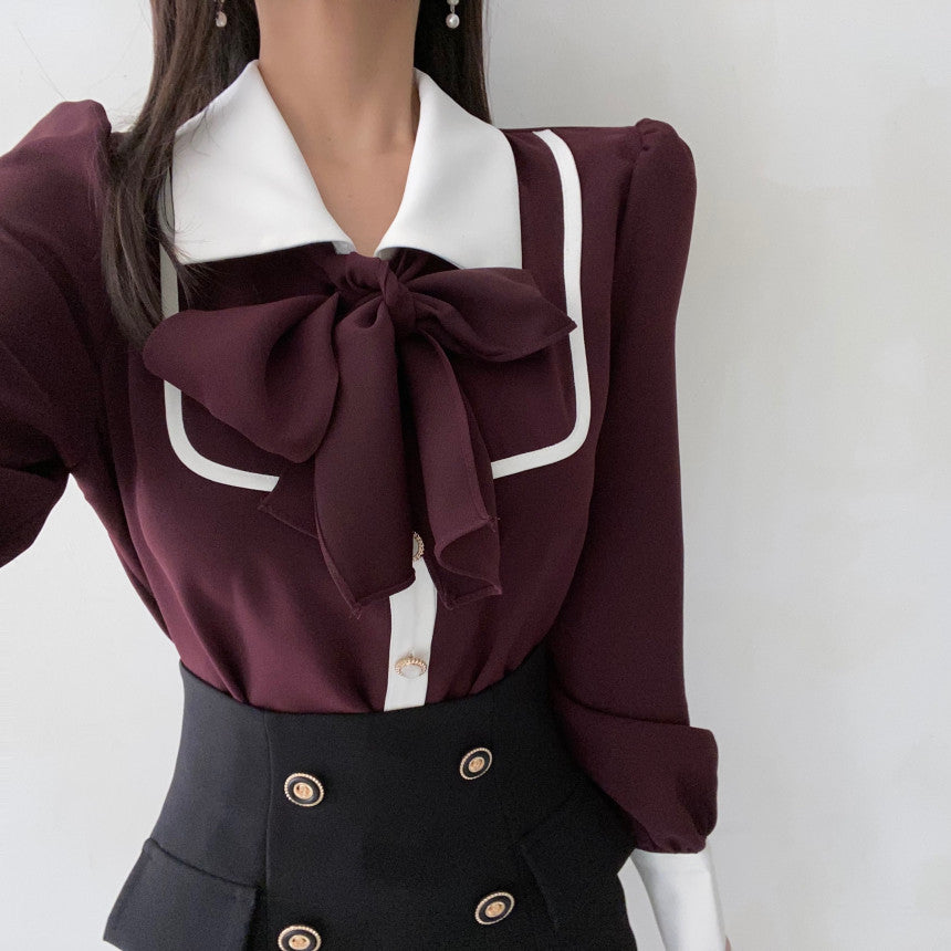 【tops】折り襟リボン長袖シャツG23035