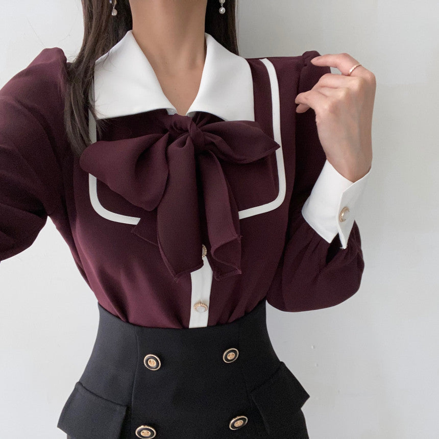 【tops】折り襟リボン長袖シャツG23035